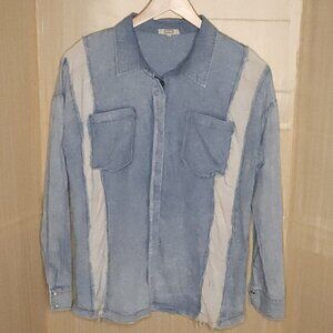 Gimmiks Boho Distressed Mixed Material Oversized Button Down Medium